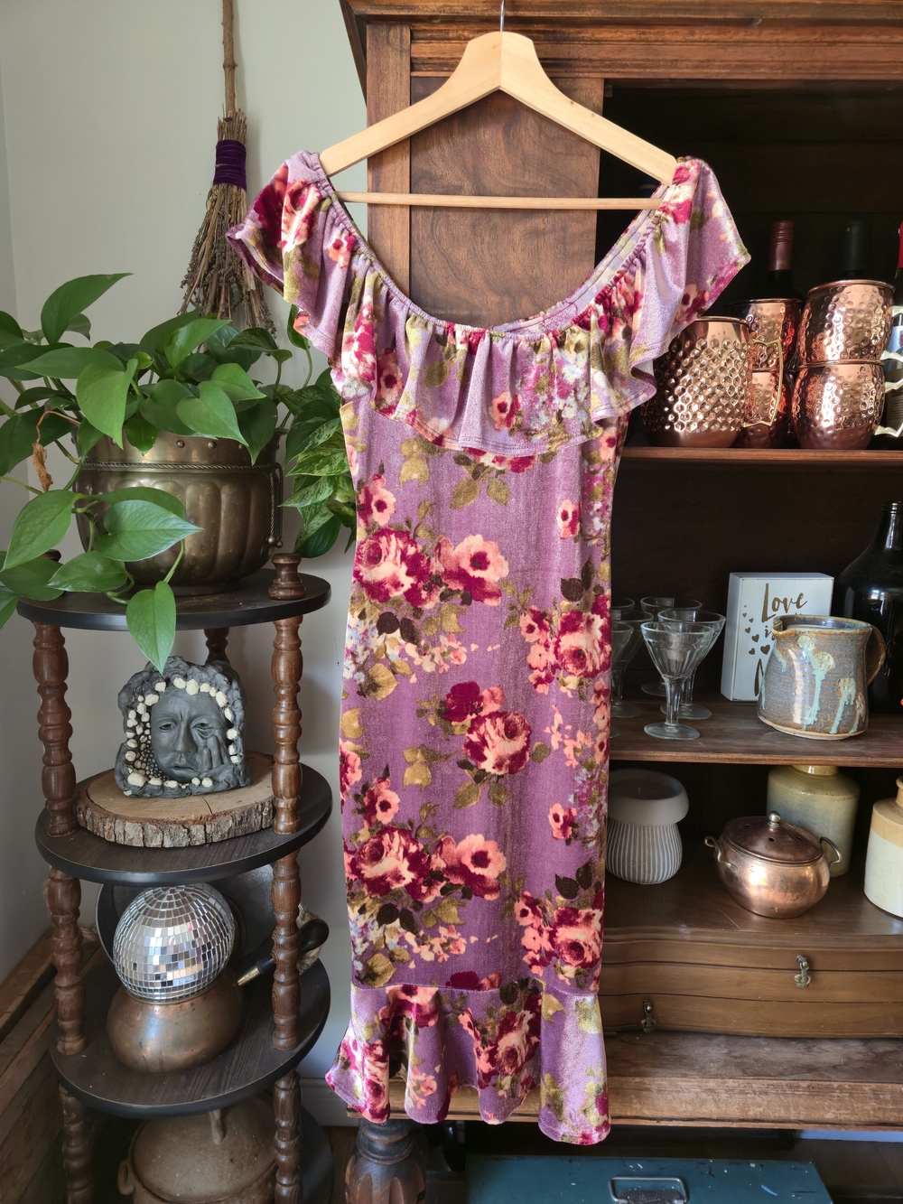 CHARLOTTE RUSSE Mauve Off-shoulder Bodycon Velvet Cottagecore Dress, small